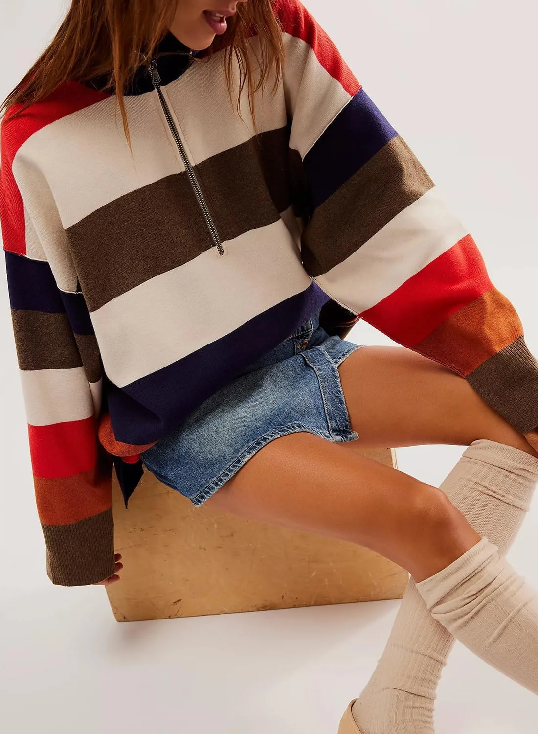Womens Oversized Long Sleeve Sweaters Quarter Zip Pullover Hoodies Striped Color Block Sweatshirts