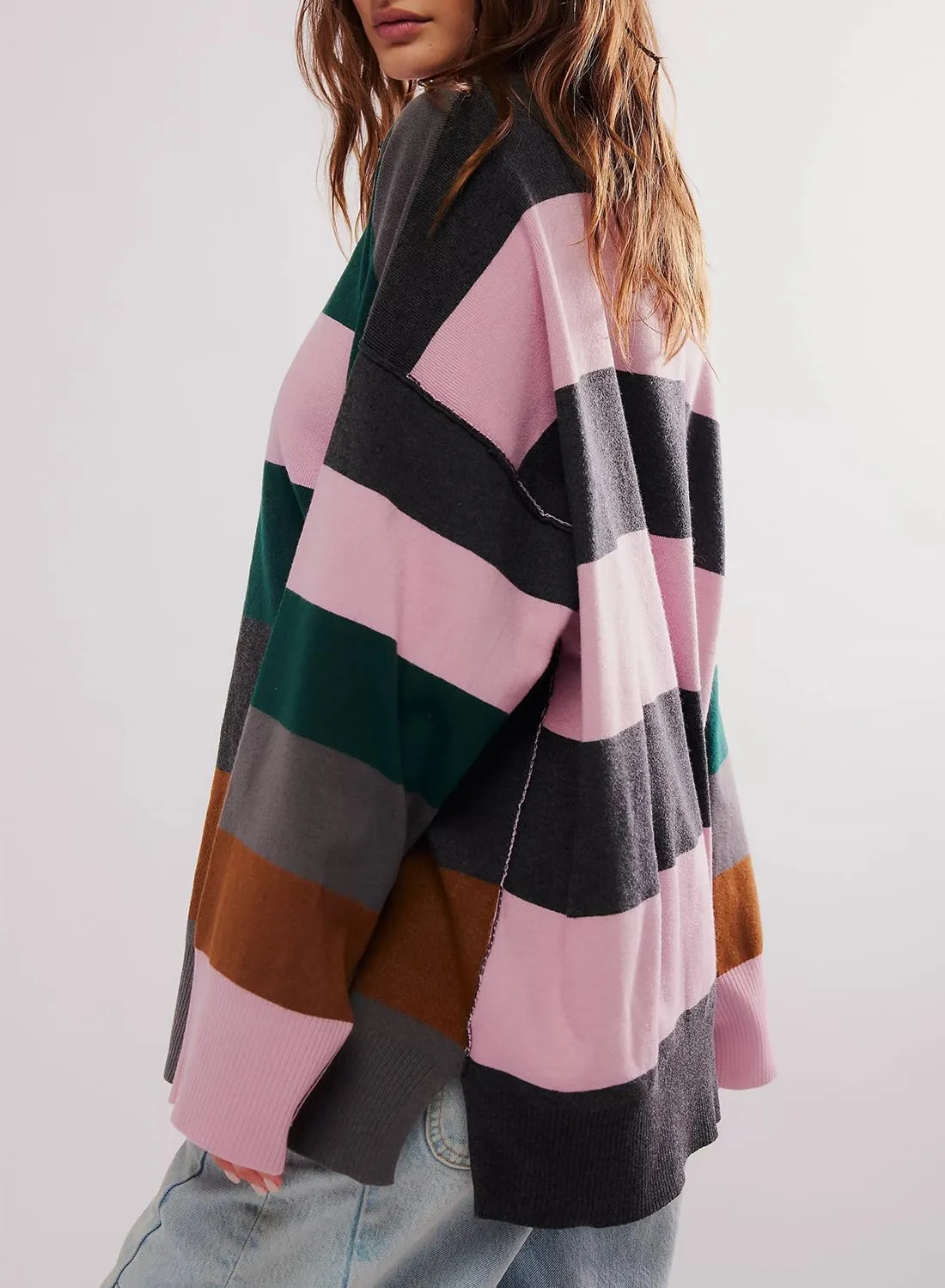 Womens Oversized Long Sleeve Sweaters Quarter Zip Pullover Hoodies Striped Color Block Sweatshirts