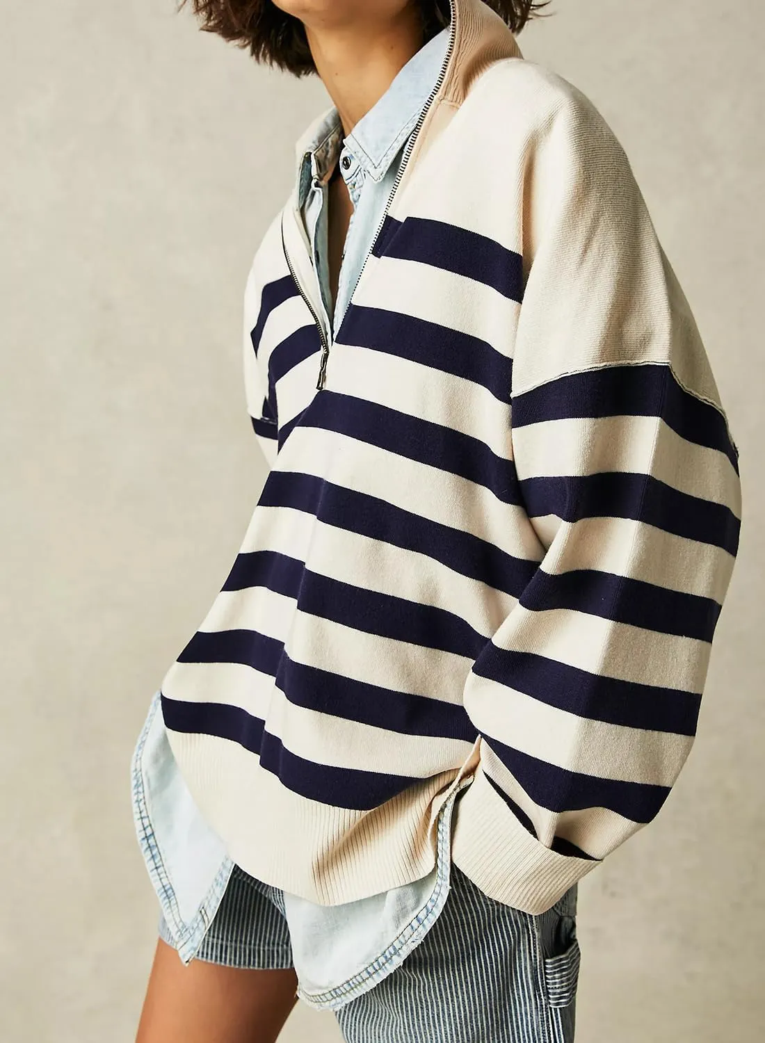 Womens Oversized Long Sleeve Sweaters Quarter Zip Pullover Hoodies Striped Color Block Sweatshirts