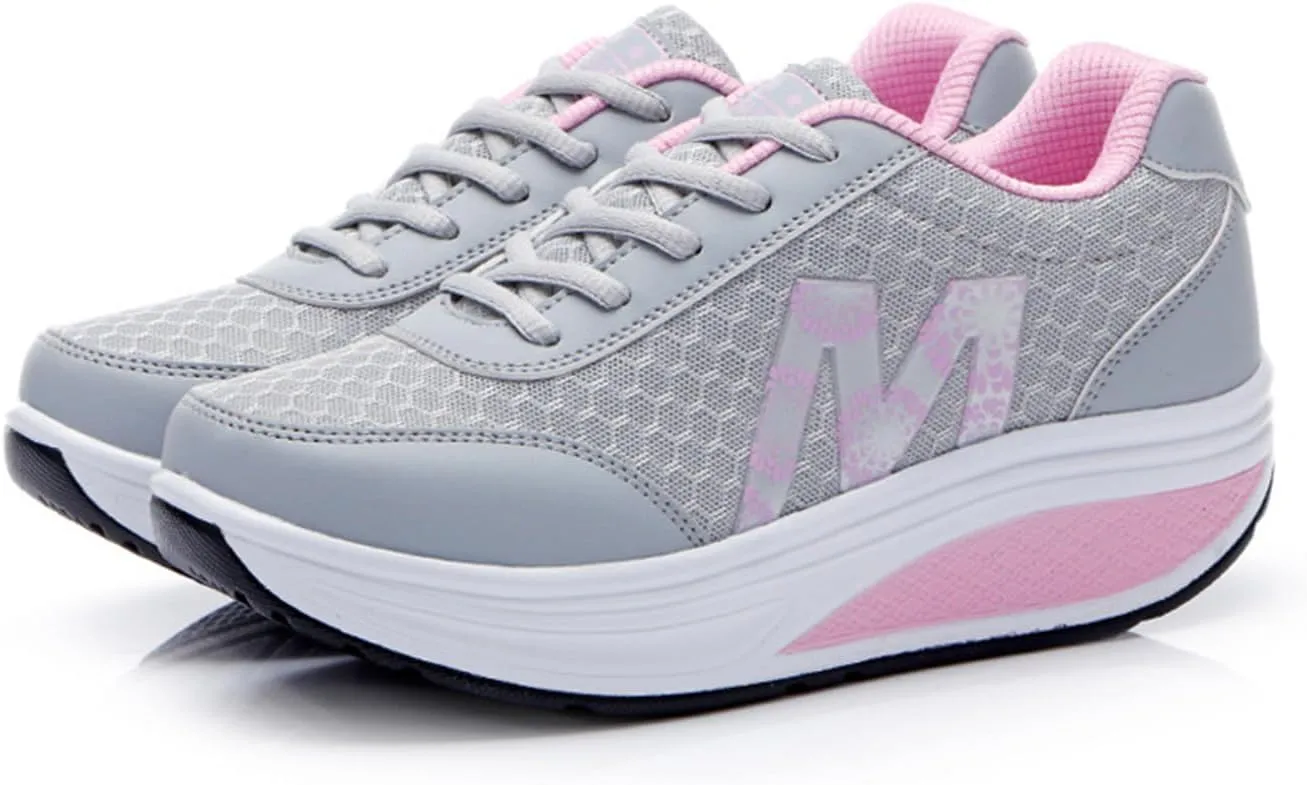 Women's Platform Orthopedic Walking Sneakers Knitted Breathable Lace Up Walking Shoes Stylish Standing All Day Rocker Bottom