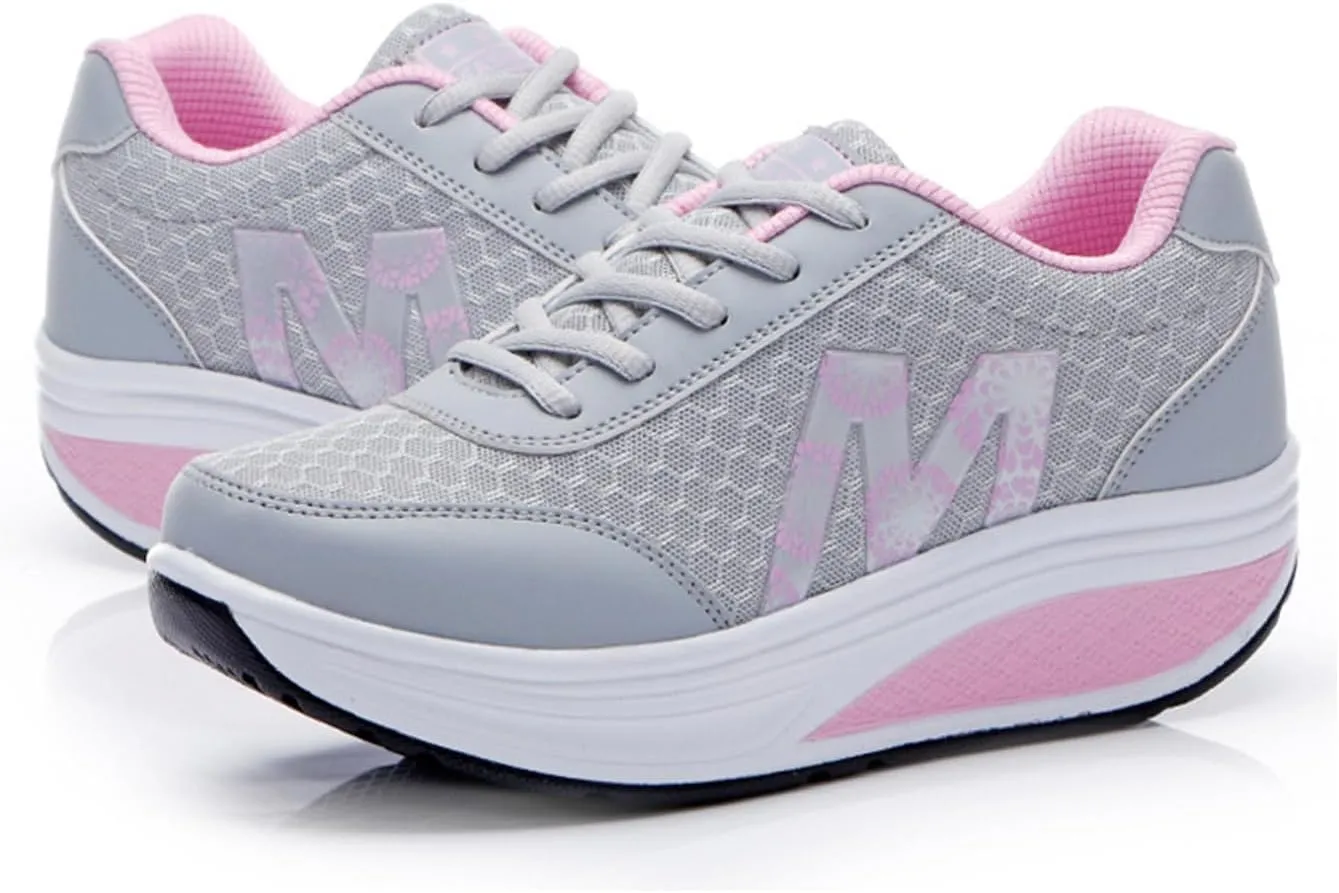 Women's Platform Orthopedic Walking Sneakers Knitted Breathable Lace Up Walking Shoes Stylish Standing All Day Rocker Bottom