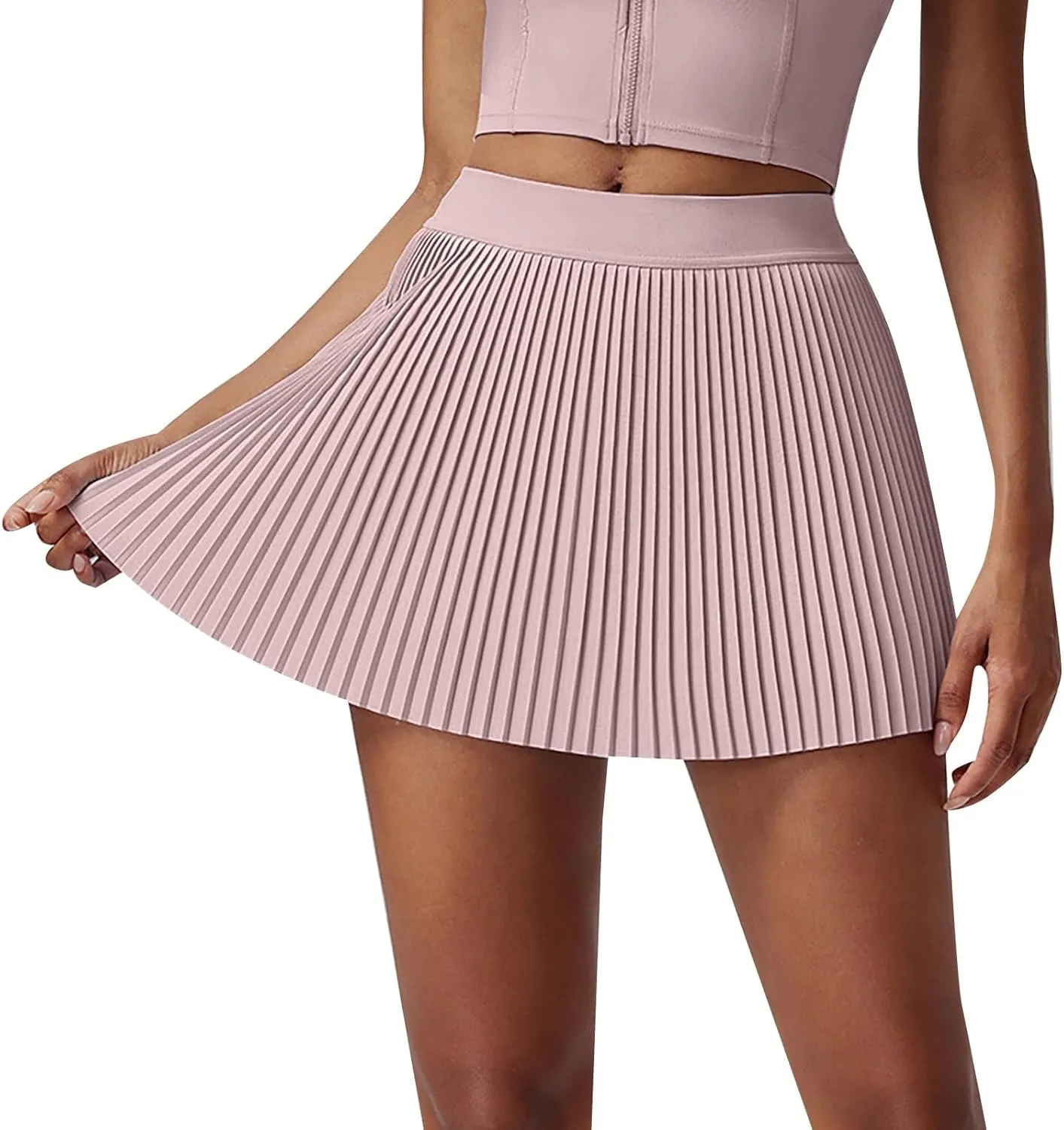 Women's Pleated Tennis Mini Skirt with Pockets High Waisted Elastic Casual Skorts Athletic Stretchy A-line Skirt Inner Shorts