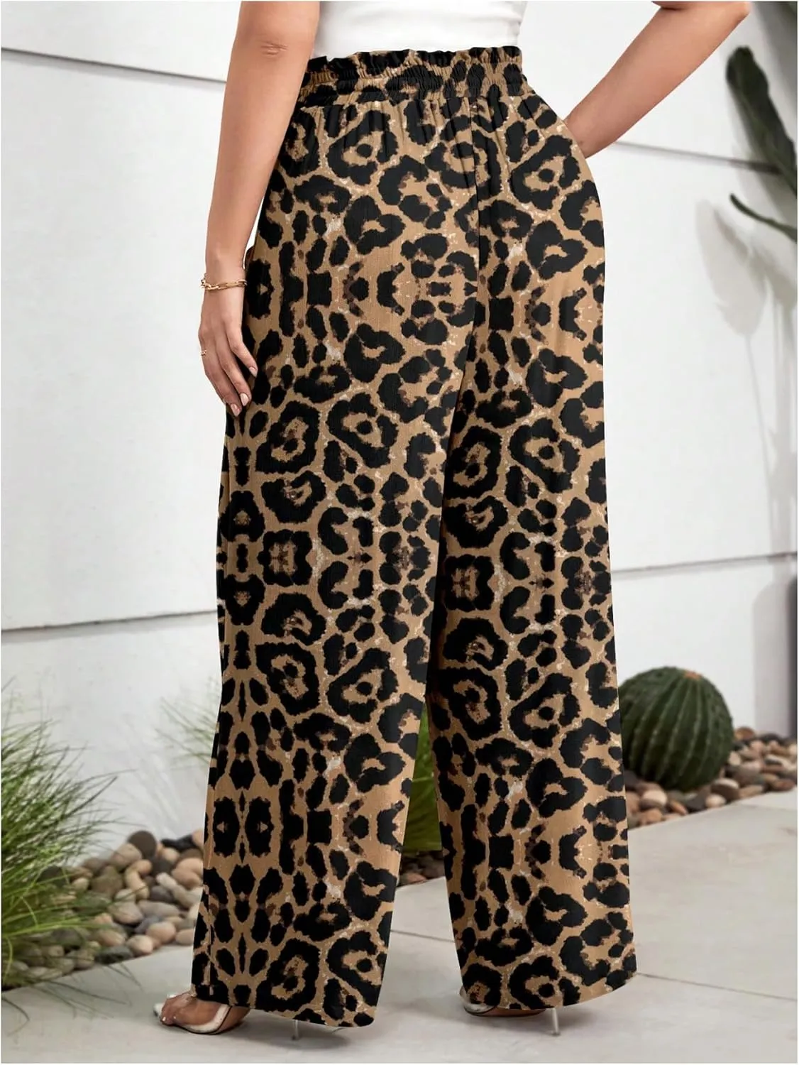 Women's Plus Size Leopard Print High Waisted Pants Wide Leg Tie Front Ruffled Trousers
