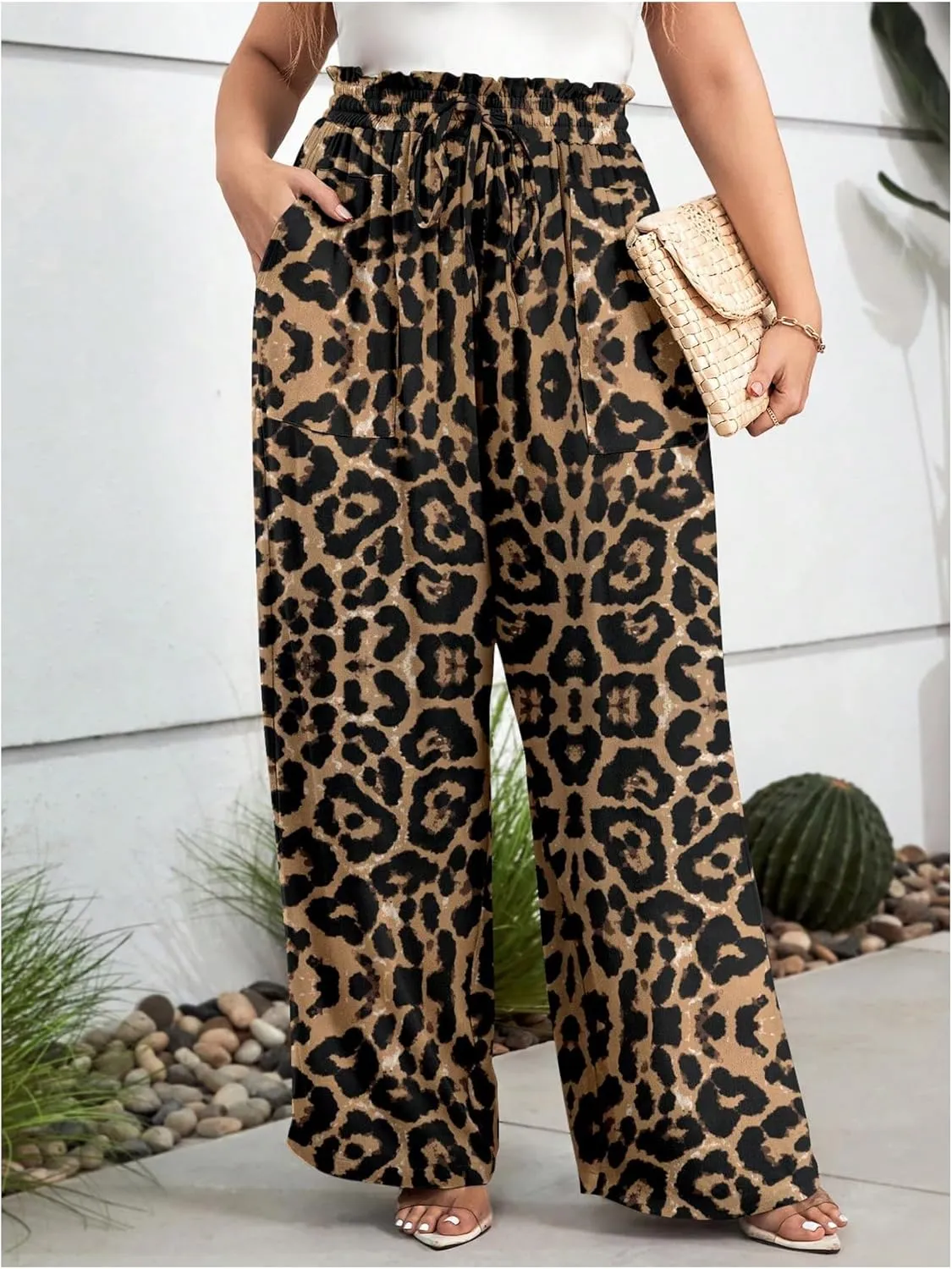 Women's Plus Size Leopard Print High Waisted Pants Wide Leg Tie Front Ruffled Trousers