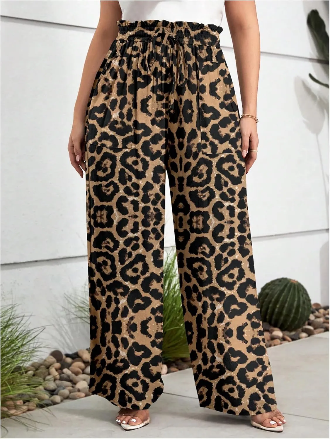 Women's Plus Size Leopard Print High Waisted Pants Wide Leg Tie Front Ruffled Trousers