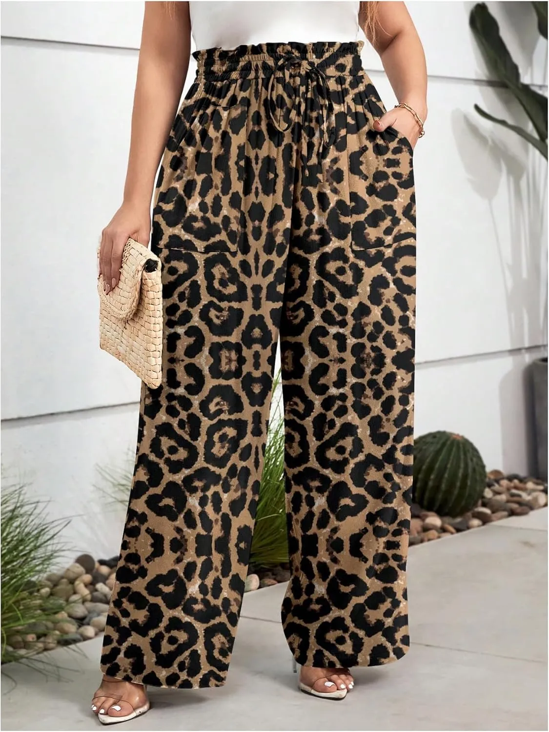 Women's Plus Size Leopard Print High Waisted Pants Wide Leg Tie Front Ruffled Trousers