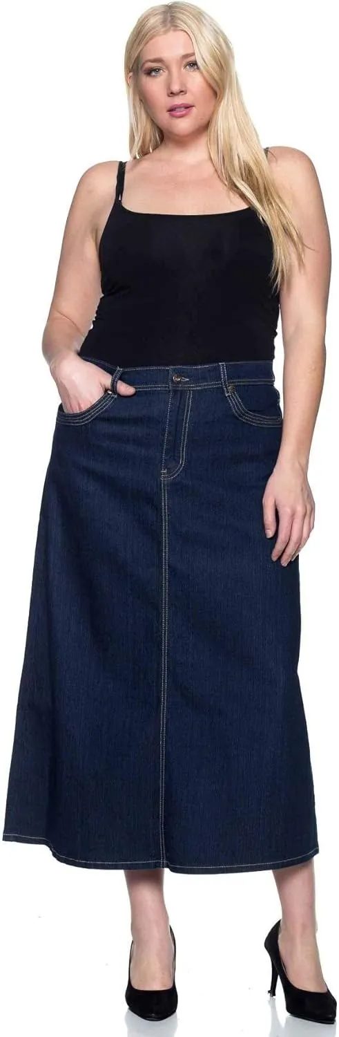 Women's Plus Size Mid Rise A-Line Long Jeans Maxi Denim Skirt
