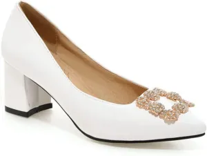 Women's Rhinestone Buckle Dress Pumps Fashion Chunky Heel Comfort Pointed Toe Wedding Party Shoes