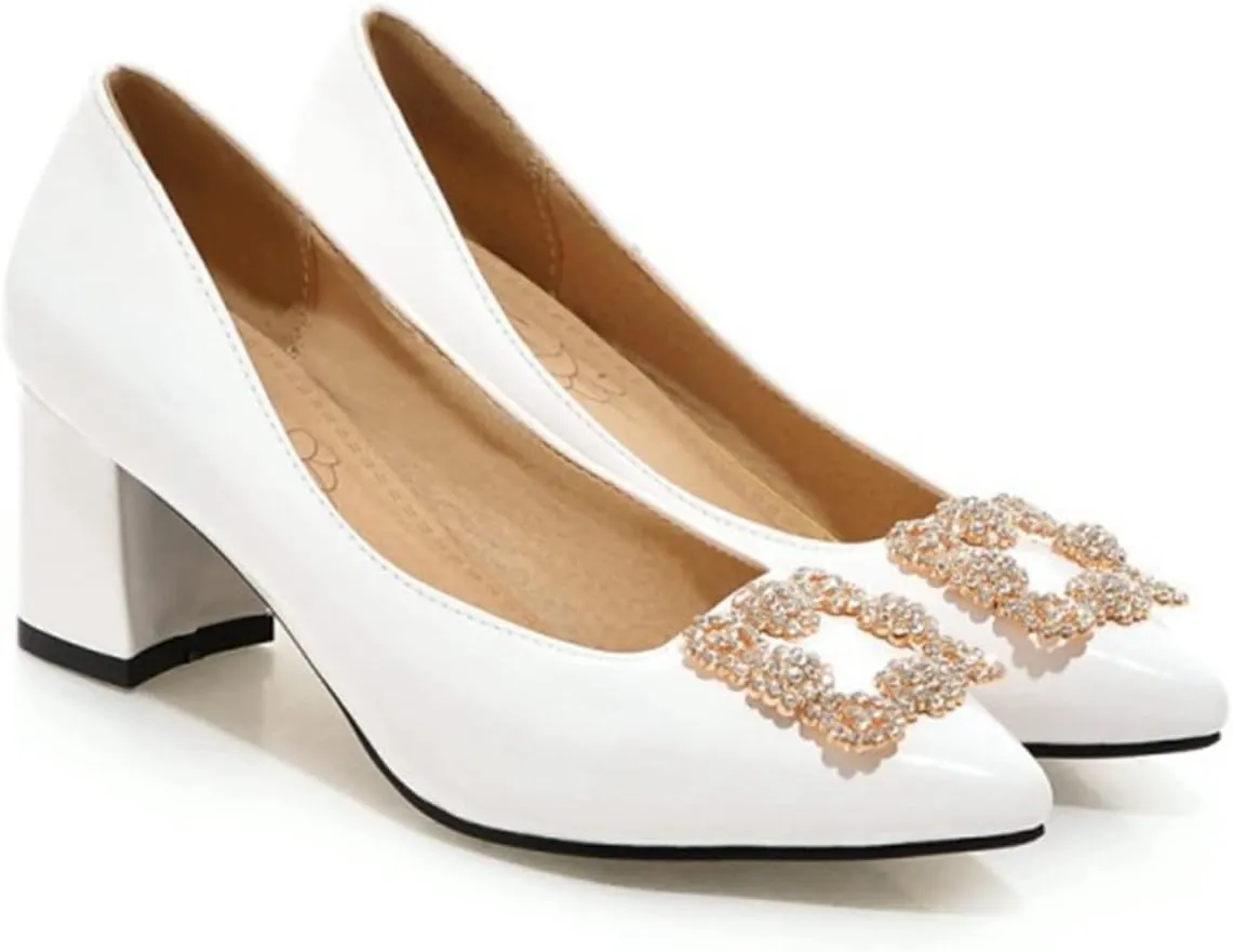 Women's Rhinestone Buckle Dress Pumps Fashion Chunky Heel Comfort Pointed Toe Wedding Party Shoes