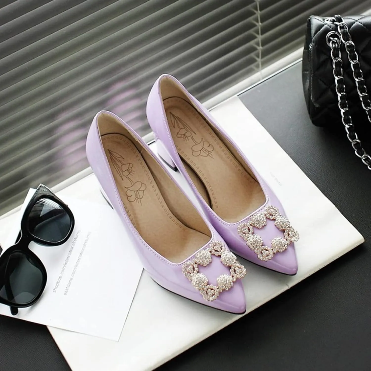 Women's Rhinestone Buckle Dress Pumps Fashion Chunky Heel Comfort Pointed Toe Wedding Party Shoes