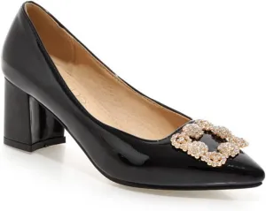 Women's Rhinestone Buckle Dress Pumps Fashion Chunky Heel Comfort Pointed Toe Wedding Party Shoes