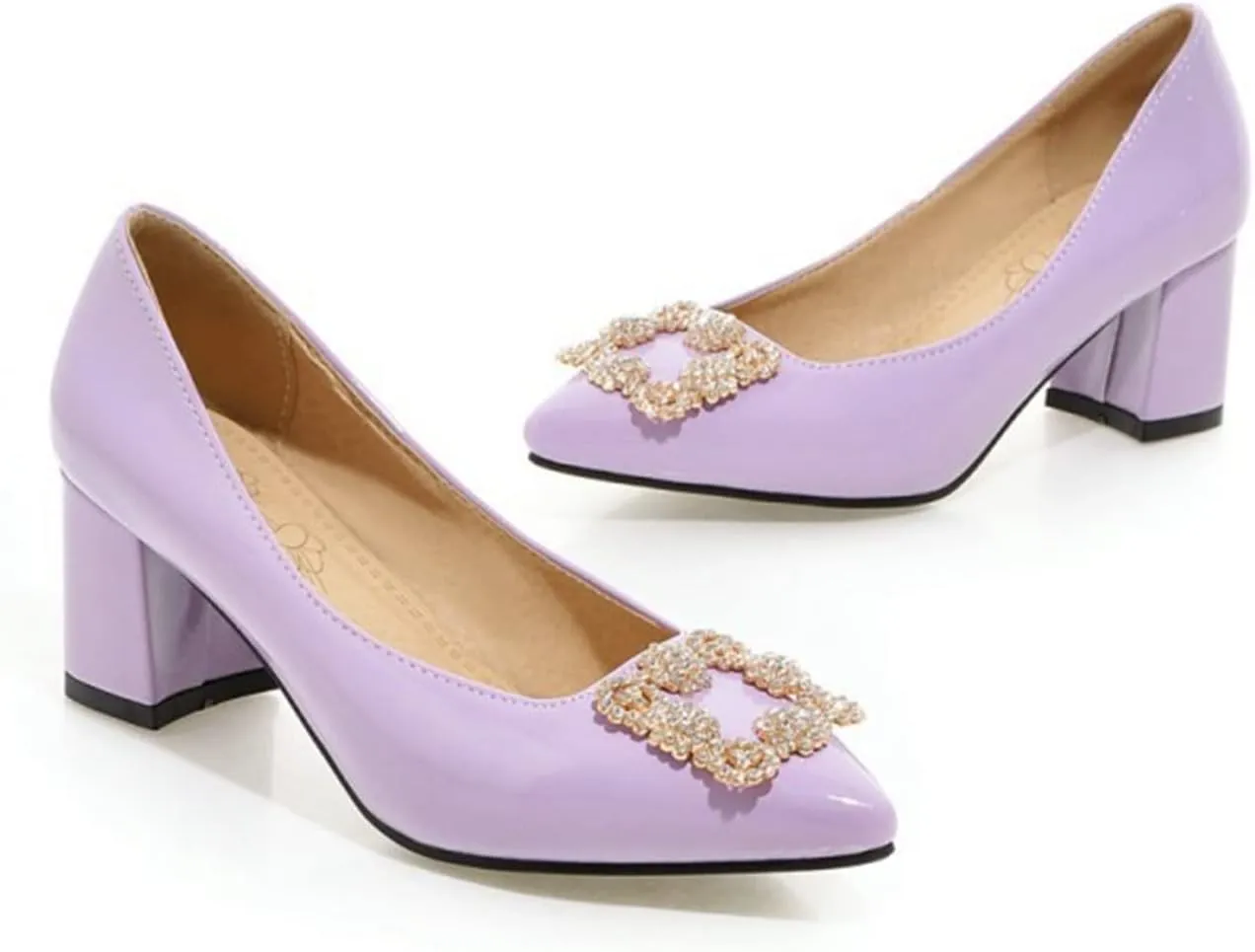Women's Rhinestone Buckle Dress Pumps Fashion Chunky Heel Comfort Pointed Toe Wedding Party Shoes