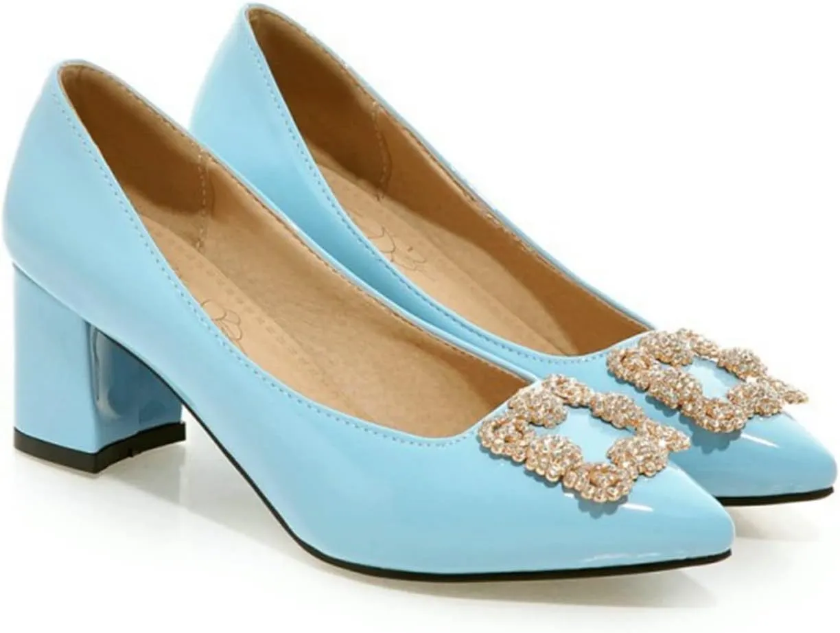 Women's Rhinestone Buckle Dress Pumps Fashion Chunky Heel Comfort Pointed Toe Wedding Party Shoes