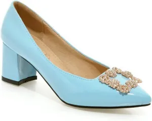 Women's Rhinestone Buckle Dress Pumps Fashion Chunky Heel Comfort Pointed Toe Wedding Party Shoes