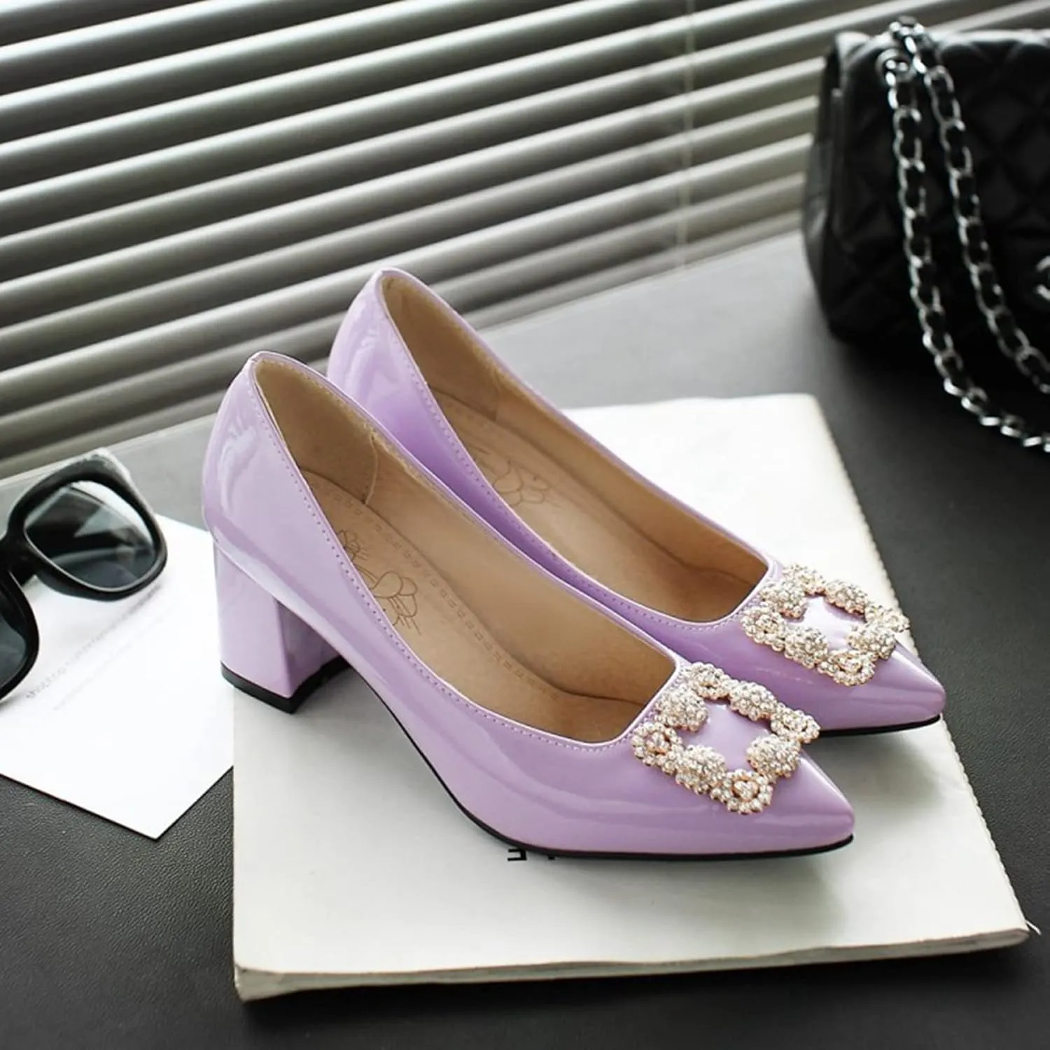 Women's Rhinestone Buckle Dress Pumps Fashion Chunky Heel Comfort Pointed Toe Wedding Party Shoes