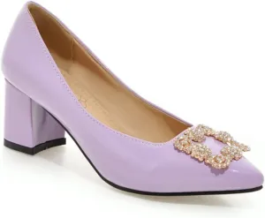 Women's Rhinestone Buckle Dress Pumps Fashion Chunky Heel Comfort Pointed Toe Wedding Party Shoes