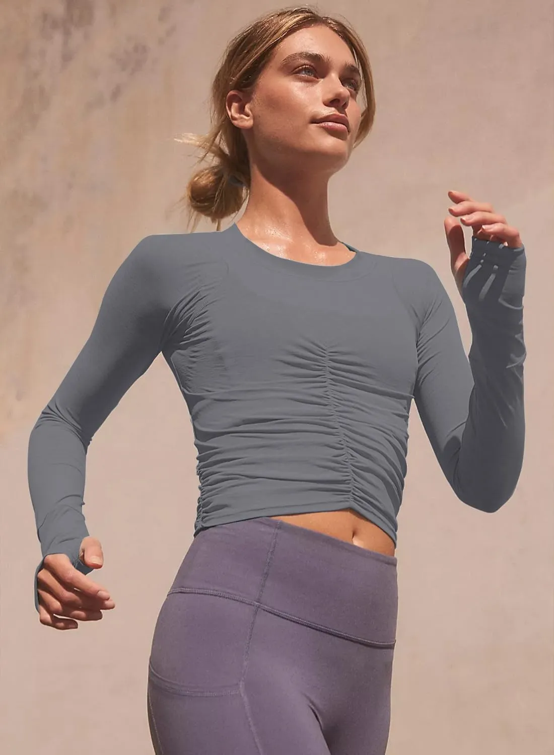 Women's Ruched Long Sleeve Workout Tops Cropped Crew Neck Yoga Atheltic Blouses Y2K Slim Fitted Shirts