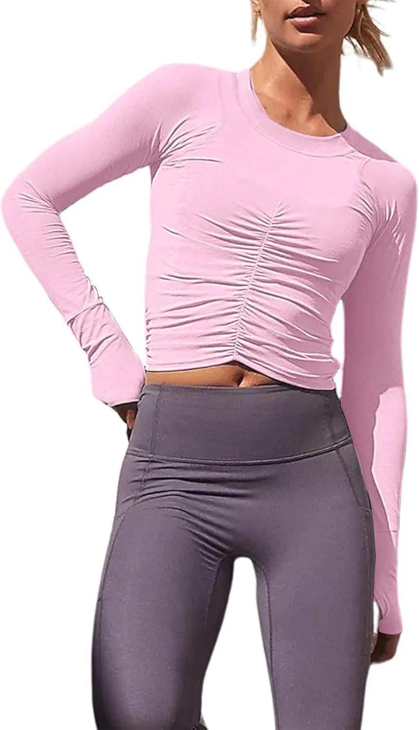 Women's Ruched Long Sleeve Workout Tops Cropped Crew Neck Yoga Atheltic Blouses Y2K Slim Fitted Shirts