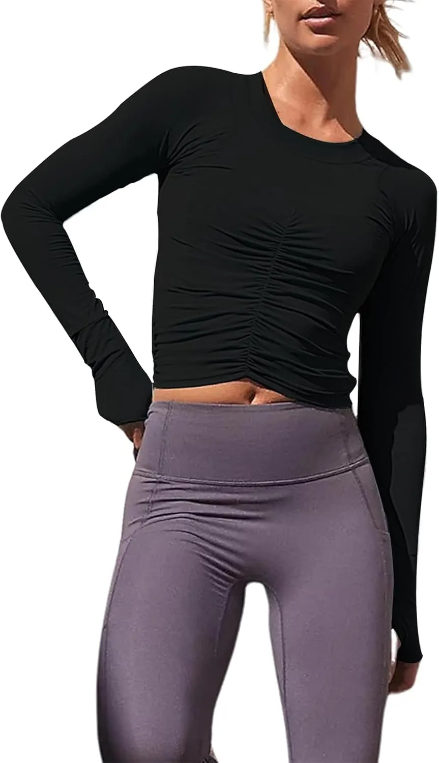 Women's Ruched Long Sleeve Workout Tops Cropped Crew Neck Yoga Atheltic Blouses Y2K Slim Fitted Shirts