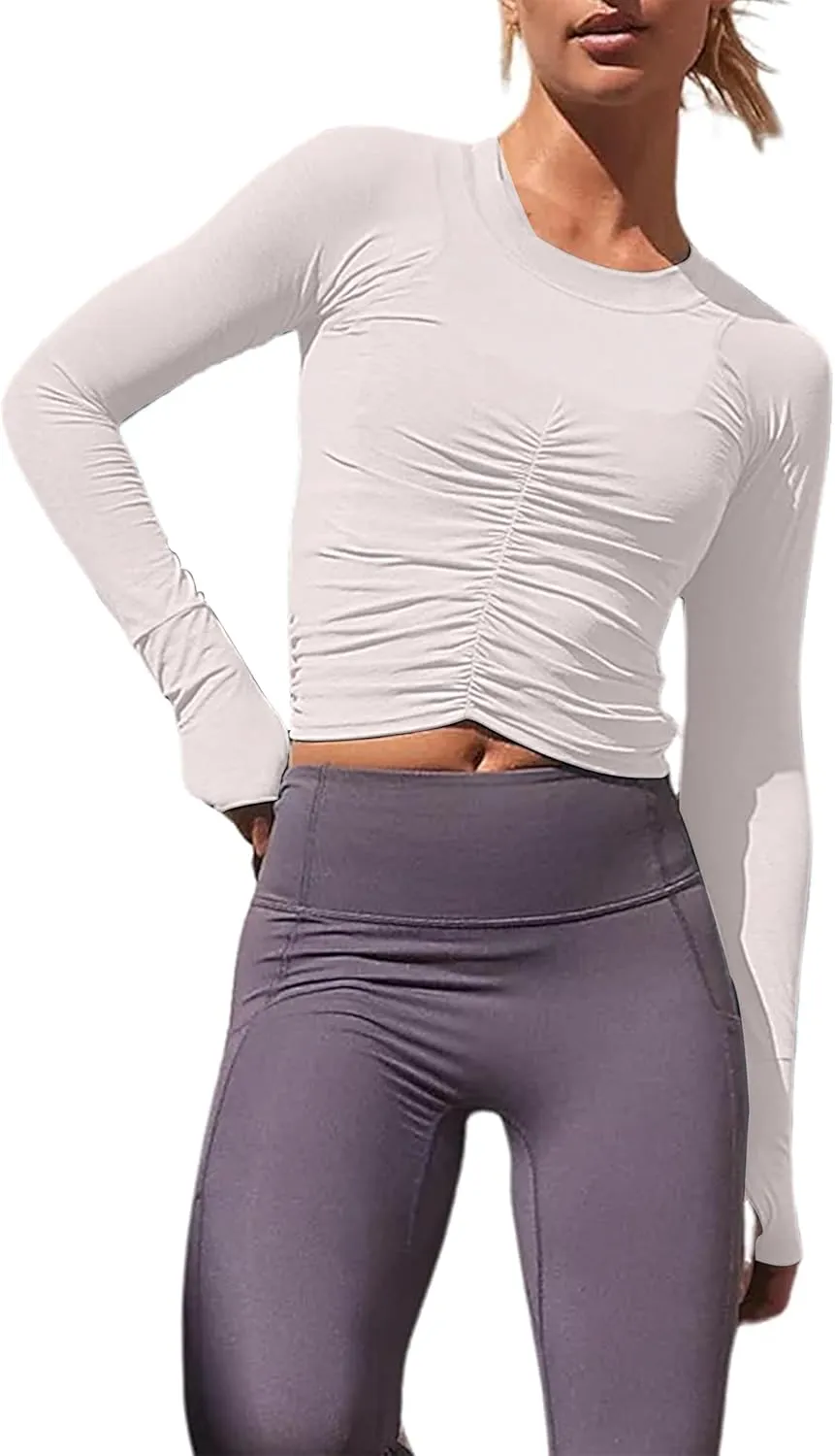 Women's Ruched Long Sleeve Workout Tops Cropped Crew Neck Yoga Atheltic Blouses Y2K Slim Fitted Shirts