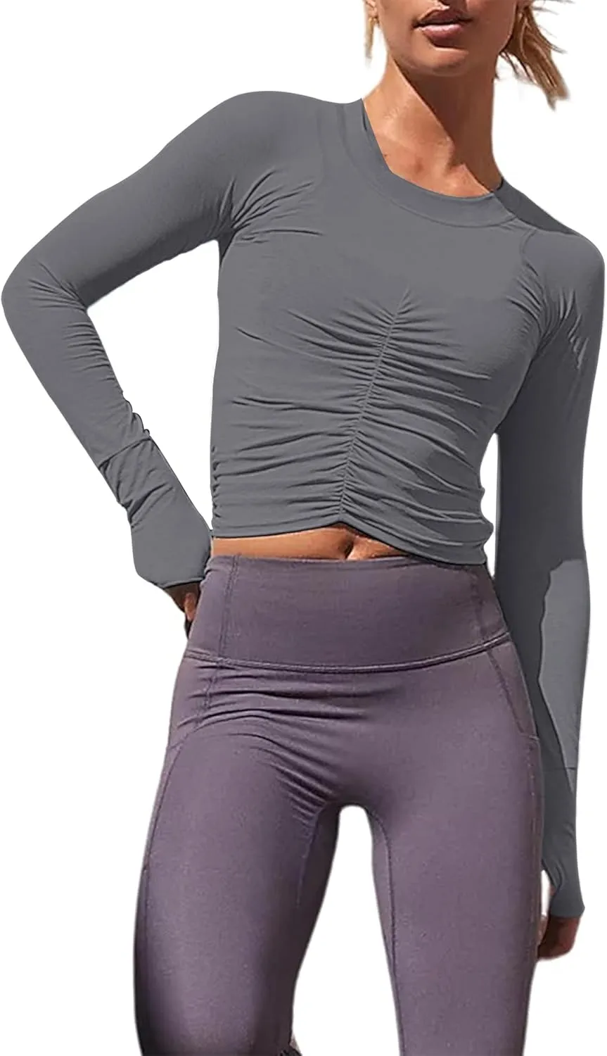 Women's Ruched Long Sleeve Workout Tops Cropped Crew Neck Yoga Atheltic Blouses Y2K Slim Fitted Shirts