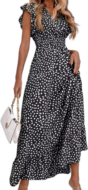 Womens Ruffle Sleeve Floral Maxi Dress V-Neck Flowy Summer Dress for Beach Vacation Casual Sundress