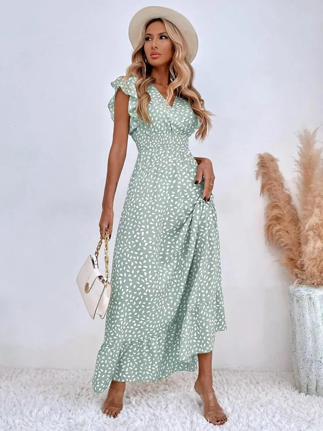 Womens Ruffle Sleeve Floral Maxi Dress V-Neck Flowy Summer Dress for Beach Vacation Casual Sundress