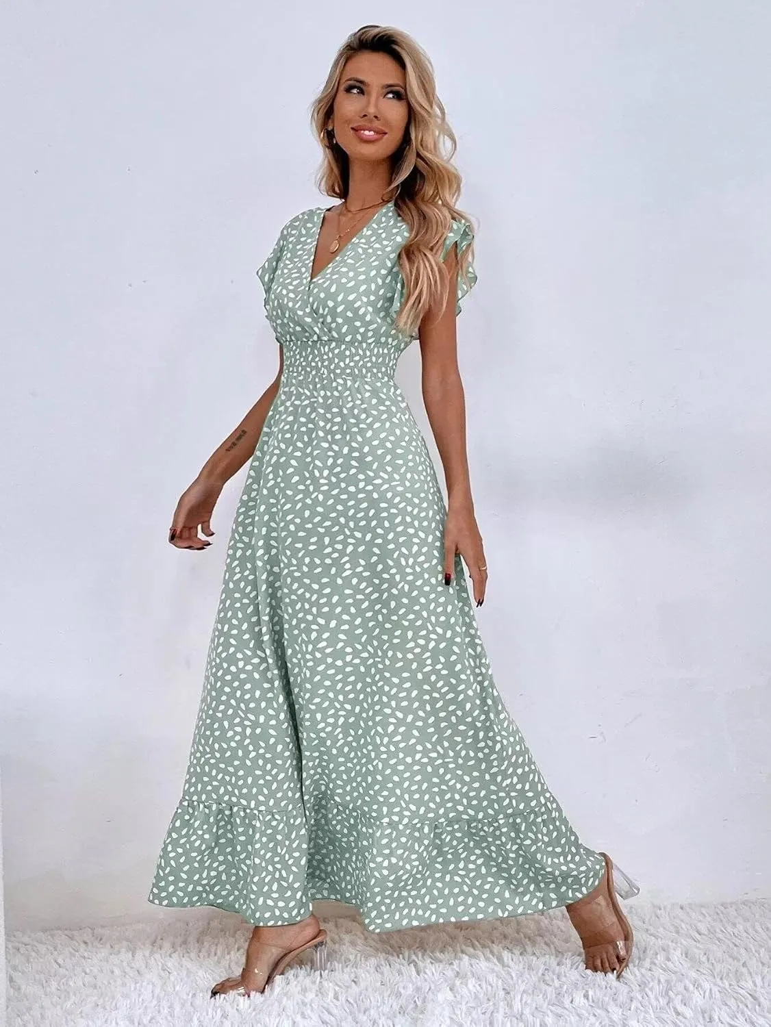 Womens Ruffle Sleeve Floral Maxi Dress V-Neck Flowy Summer Dress for Beach Vacation Casual Sundress