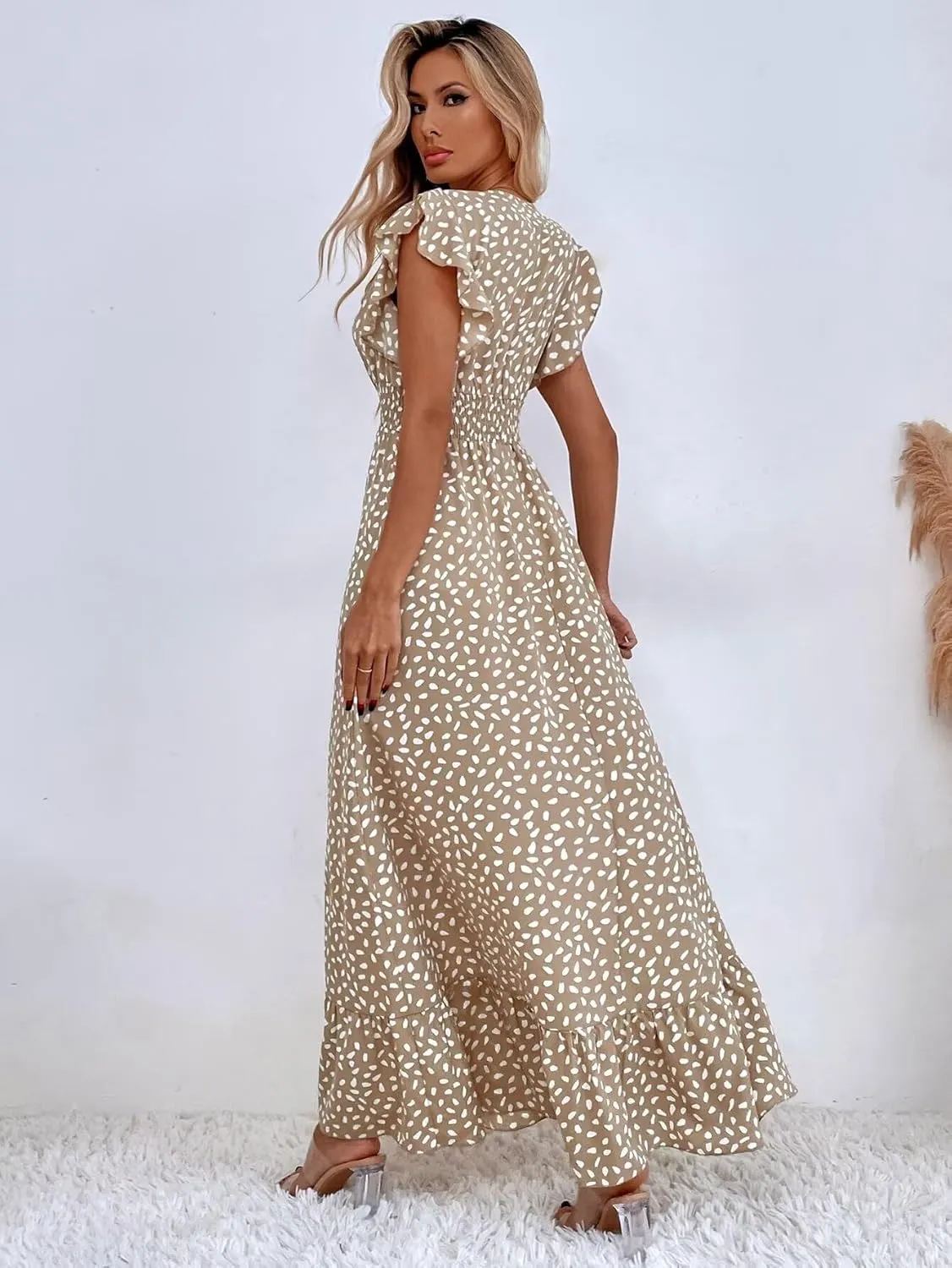 Womens Ruffle Sleeve Floral Maxi Dress V-Neck Flowy Summer Dress for Beach Vacation Casual Sundress