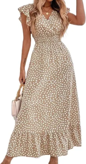 Womens Ruffle Sleeve Floral Maxi Dress V-Neck Flowy Summer Dress for Beach Vacation Casual Sundress