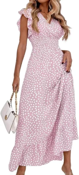 Womens Ruffle Sleeve Floral Maxi Dress V-Neck Flowy Summer Dress for Beach Vacation Casual Sundress