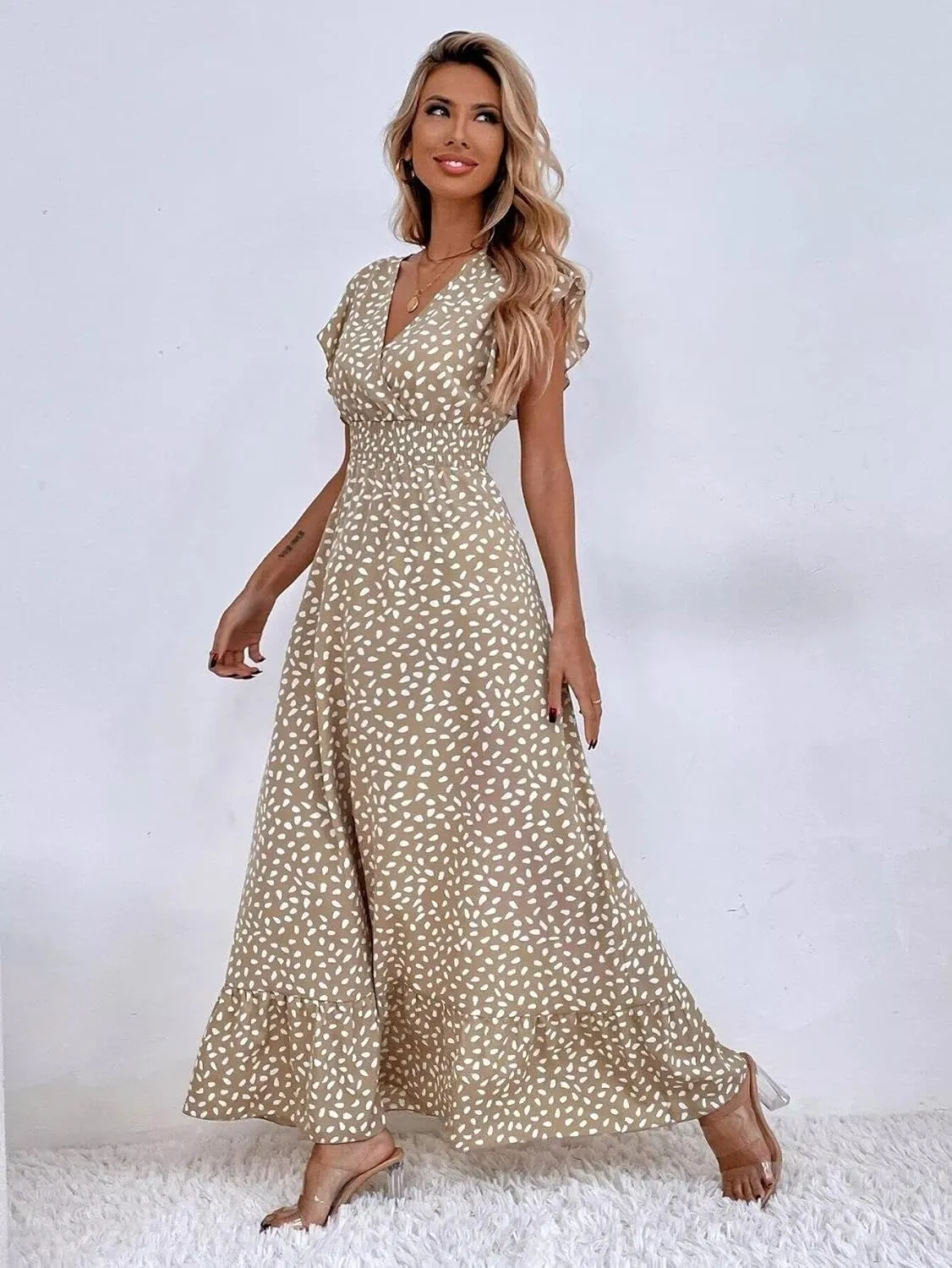 Womens Ruffle Sleeve Floral Maxi Dress V-Neck Flowy Summer Dress for Beach Vacation Casual Sundress