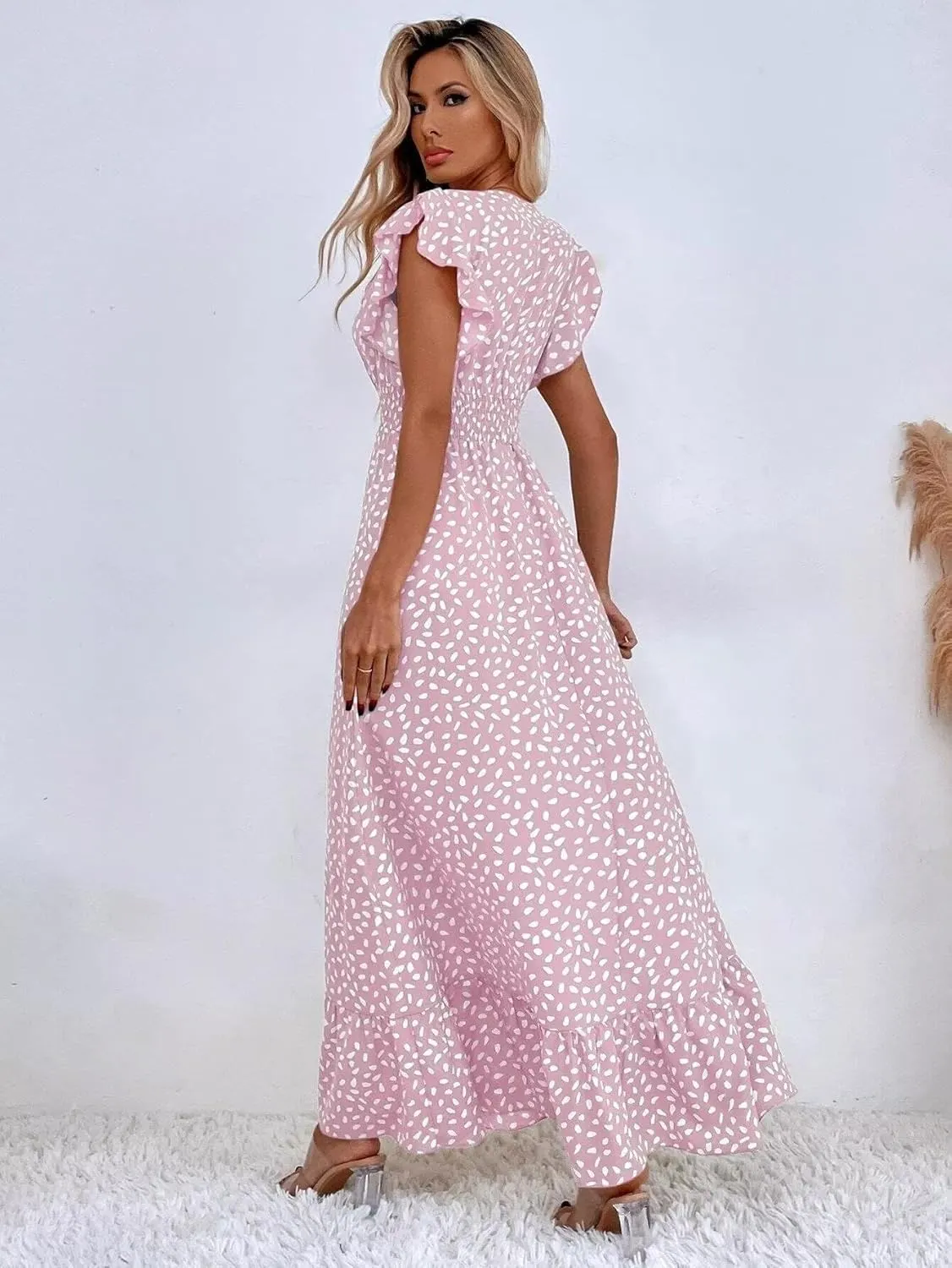 Womens Ruffle Sleeve Floral Maxi Dress V-Neck Flowy Summer Dress for Beach Vacation Casual Sundress