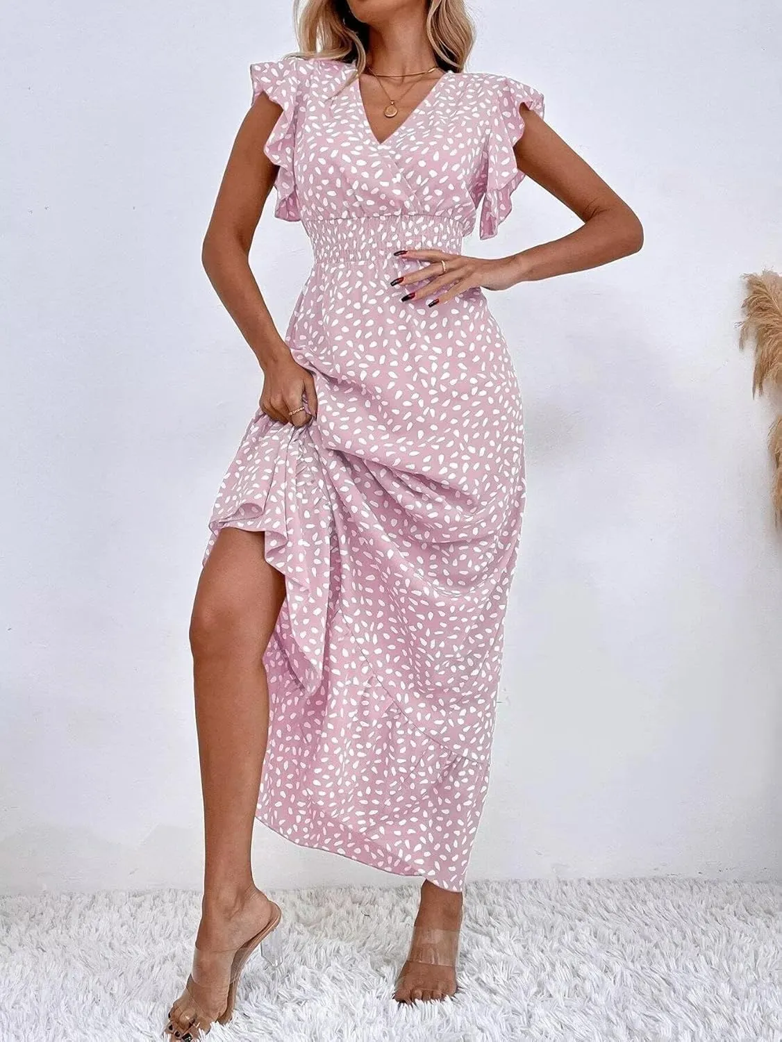 Womens Ruffle Sleeve Floral Maxi Dress V-Neck Flowy Summer Dress for Beach Vacation Casual Sundress