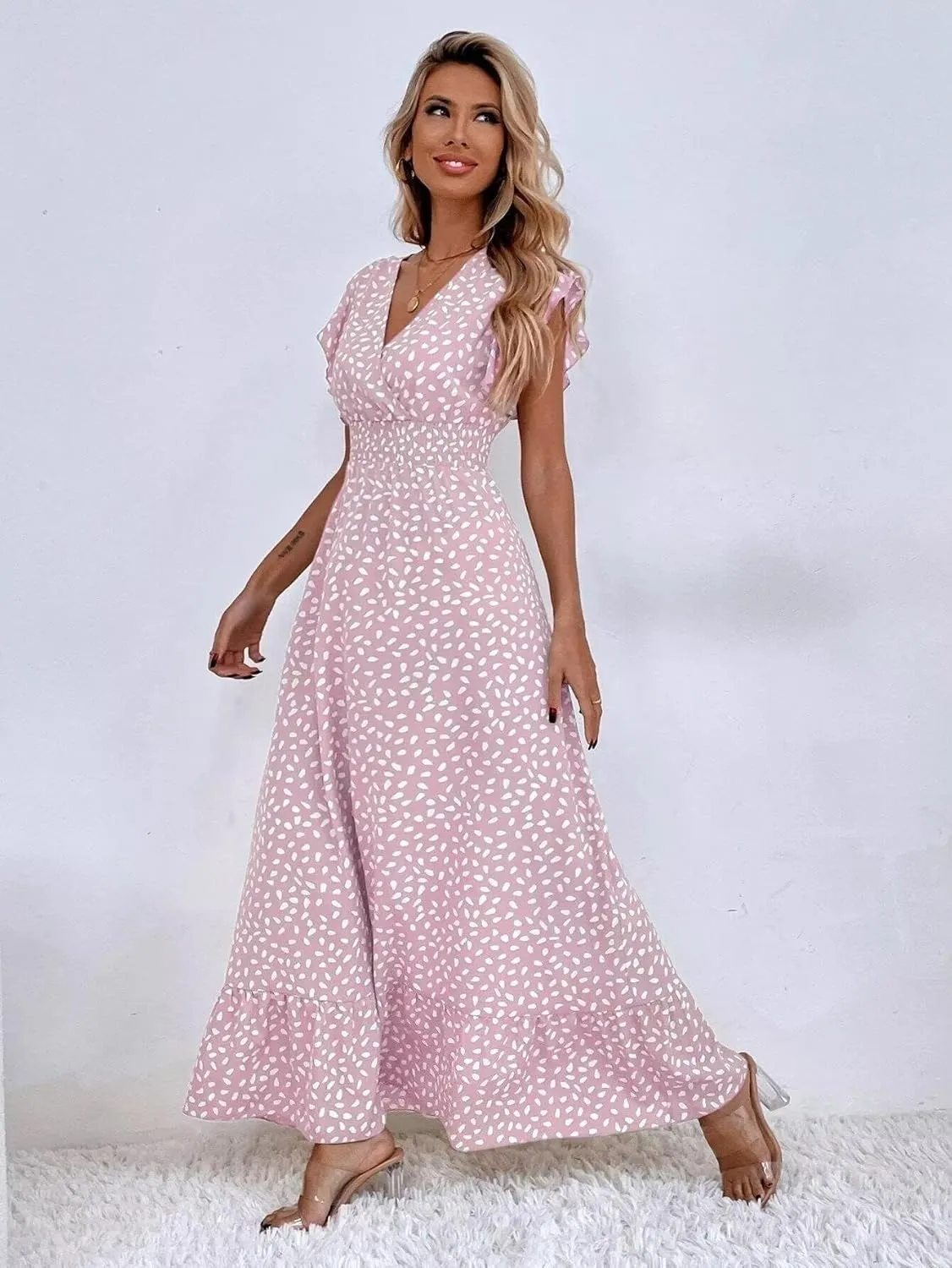 Womens Ruffle Sleeve Floral Maxi Dress V-Neck Flowy Summer Dress for Beach Vacation Casual Sundress