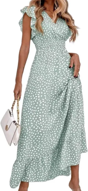 Womens Ruffle Sleeve Floral Maxi Dress V-Neck Flowy Summer Dress for Beach Vacation Casual Sundress