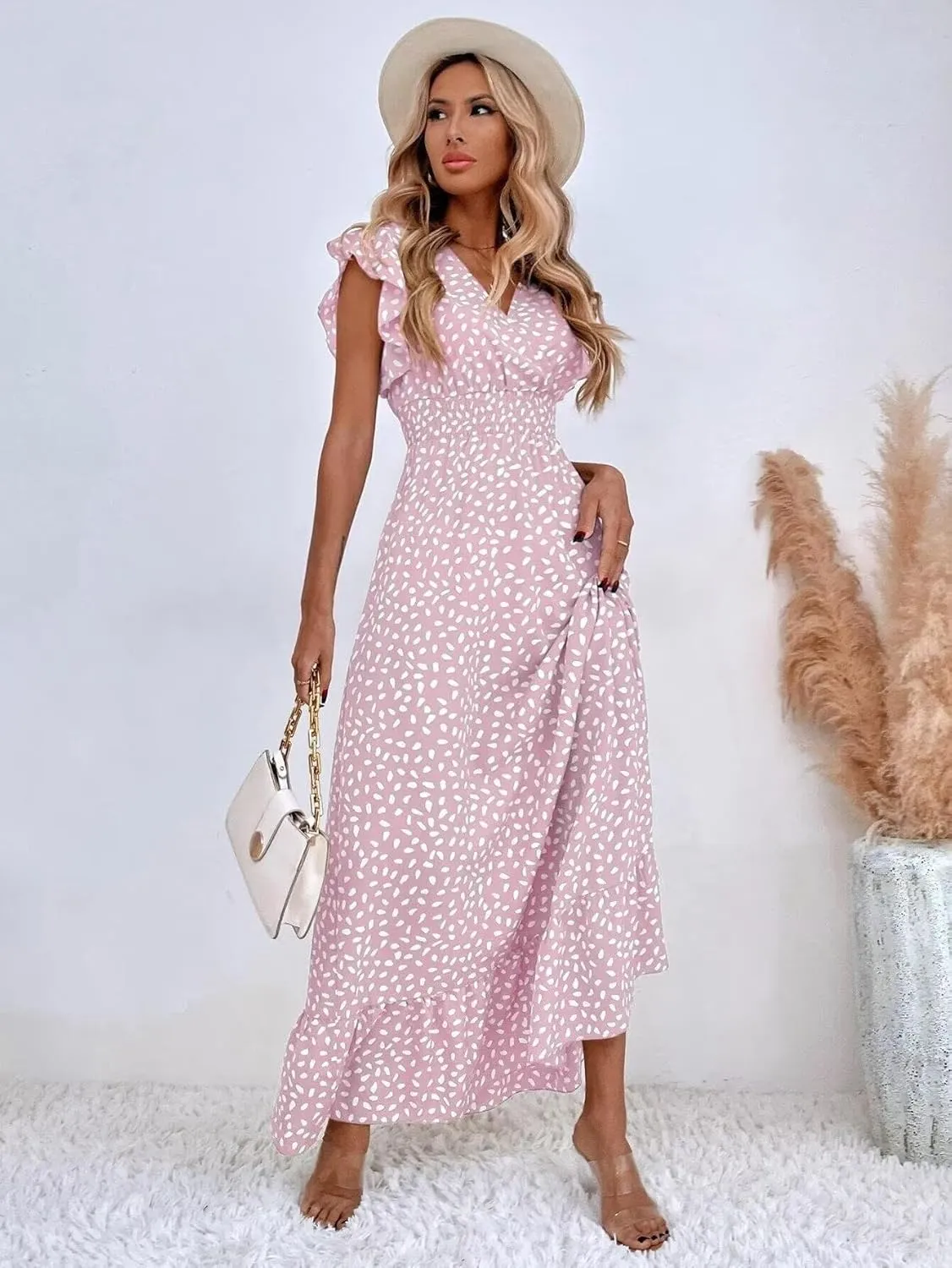 Womens Ruffle Sleeve Floral Maxi Dress V-Neck Flowy Summer Dress for Beach Vacation Casual Sundress