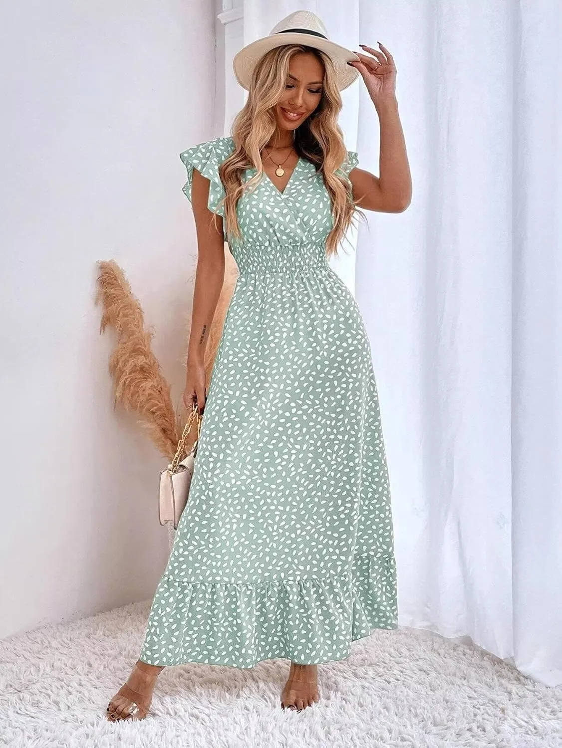 Womens Ruffle Sleeve Floral Maxi Dress V-Neck Flowy Summer Dress for Beach Vacation Casual Sundress