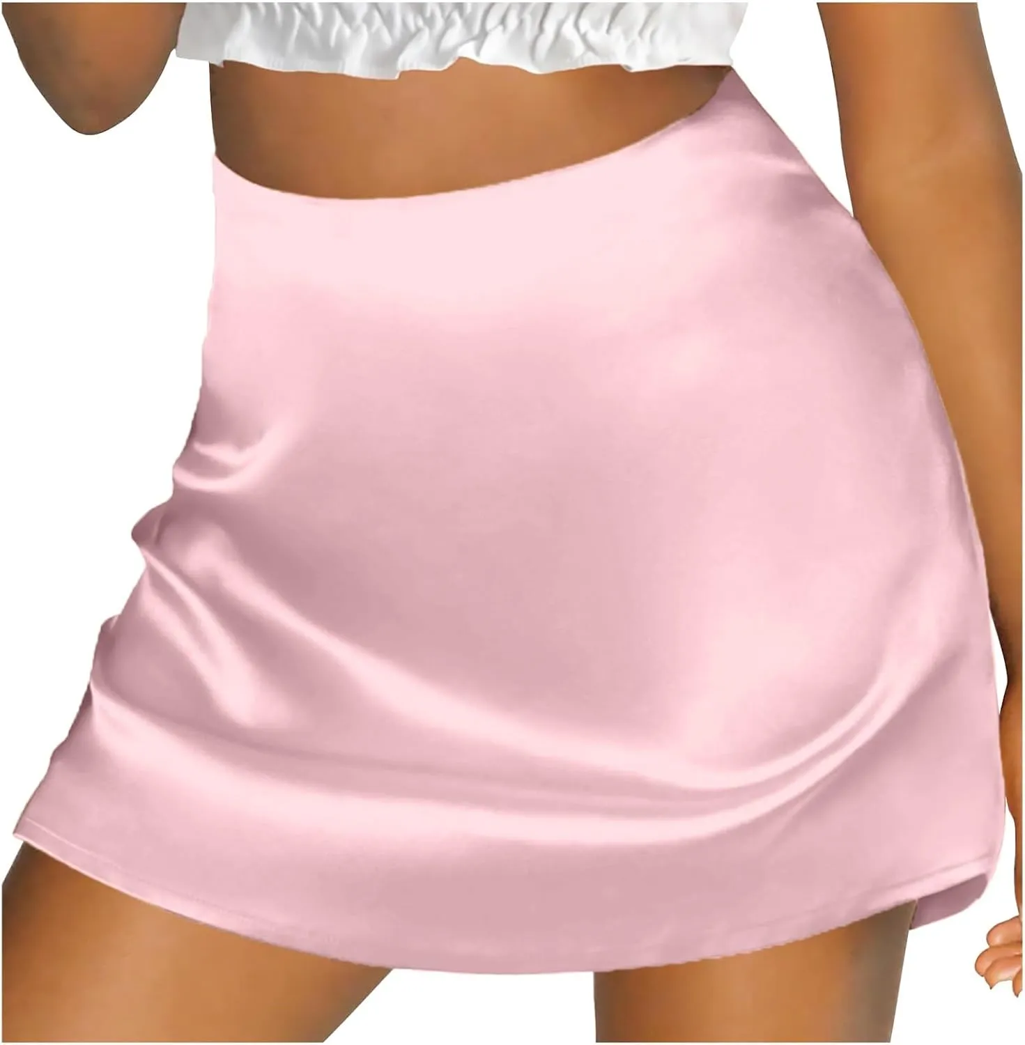Women's Satin Elastic High Waist Zipper Skorts Versatile Stretchy Skirt Flared Casual A Line Mini Skirts Built in Shorts
