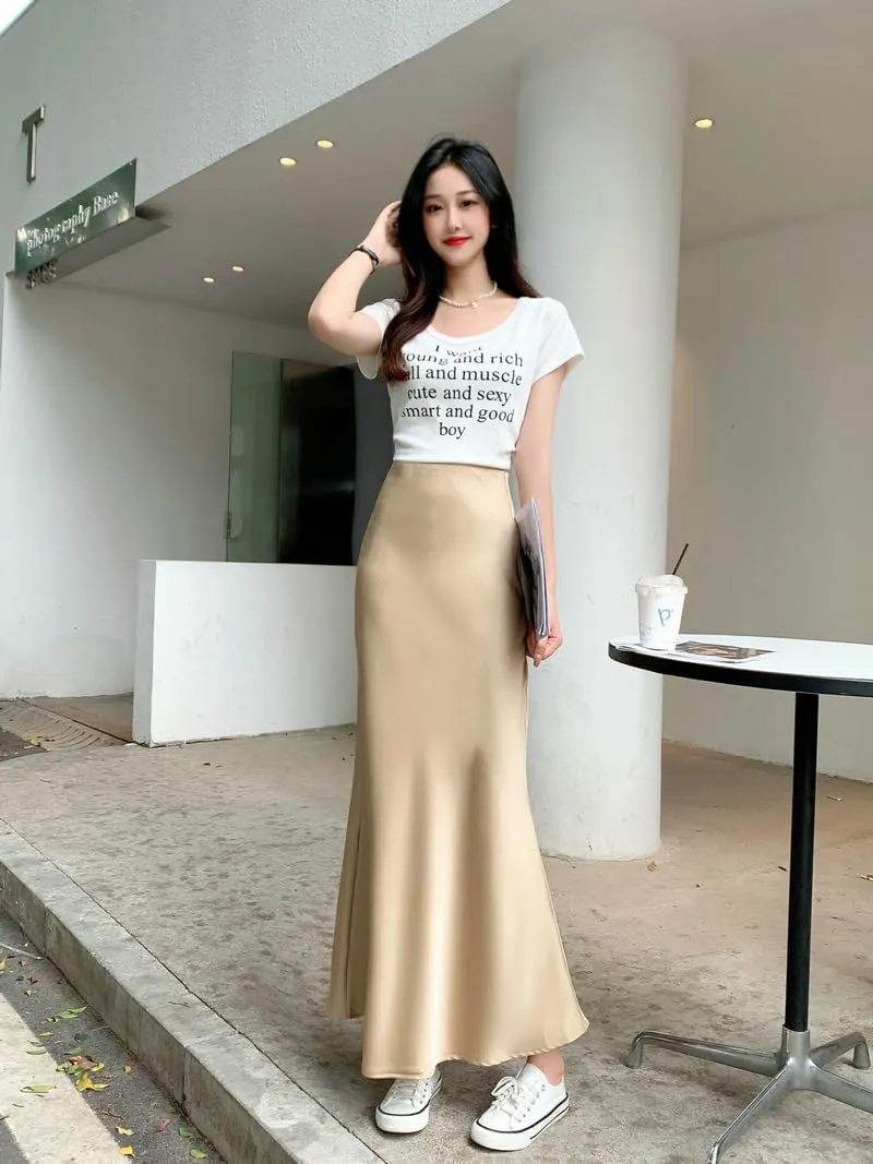 Womens Satin Silk Midi Skirt Fishtail Mermaid High Waist Long Skirts