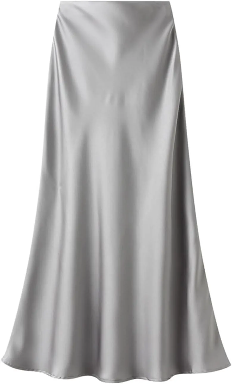 Womens Satin Silk Midi Skirt Fishtail Mermaid High Waist Long Skirts