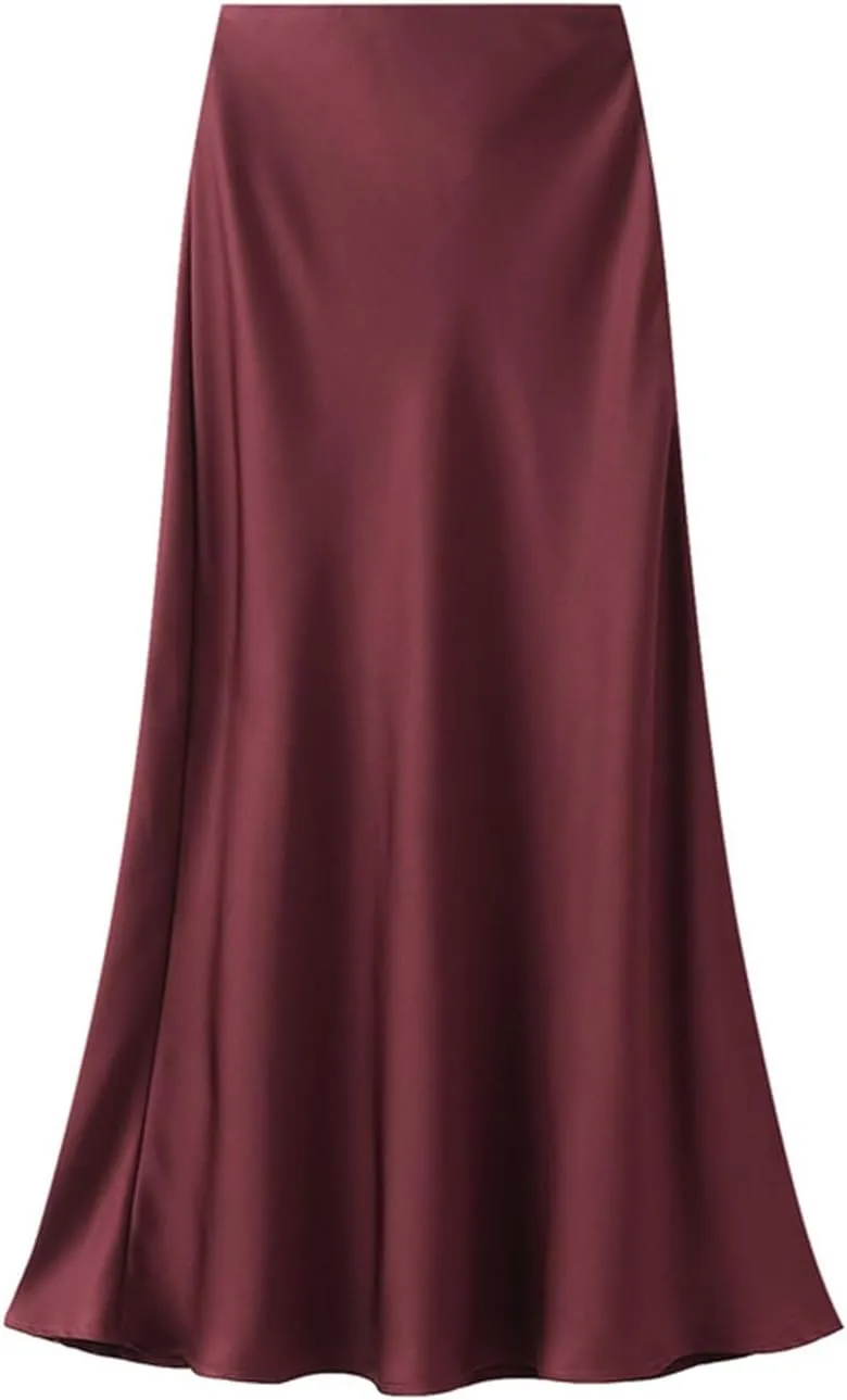Womens Satin Silk Midi Skirt Fishtail Mermaid High Waist Long Skirts