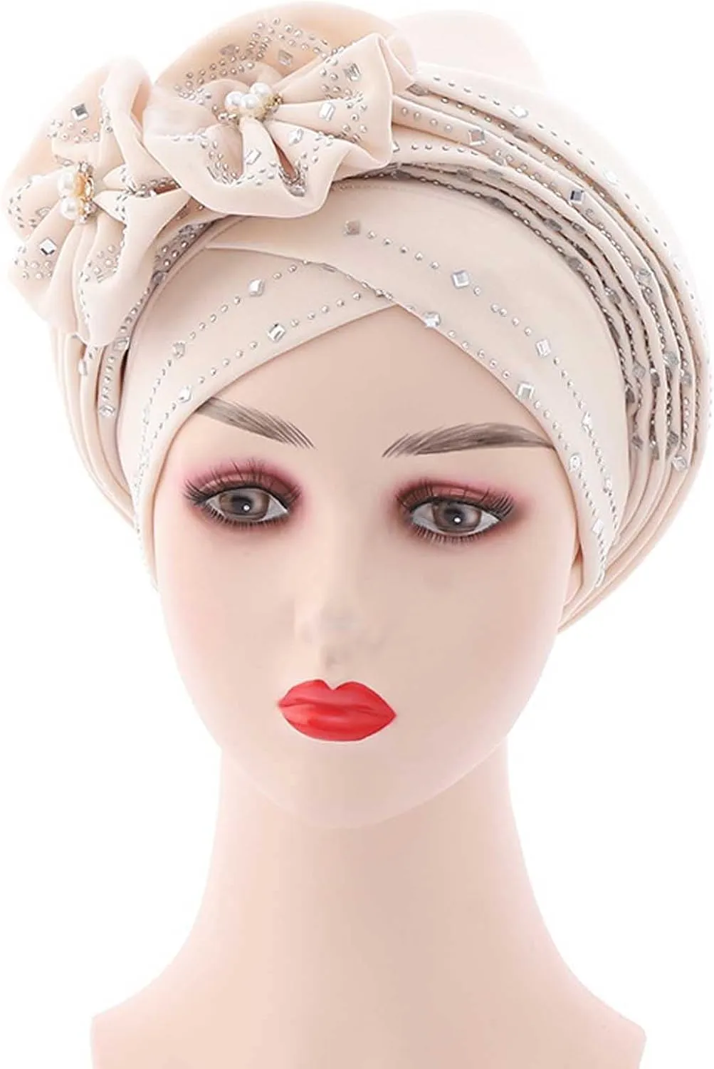 Women's Stretch Velvet Turban Hat Cancer Chemo Beaded Flower Hair Wrap Cap Headwear s Christmas Thanksgiving