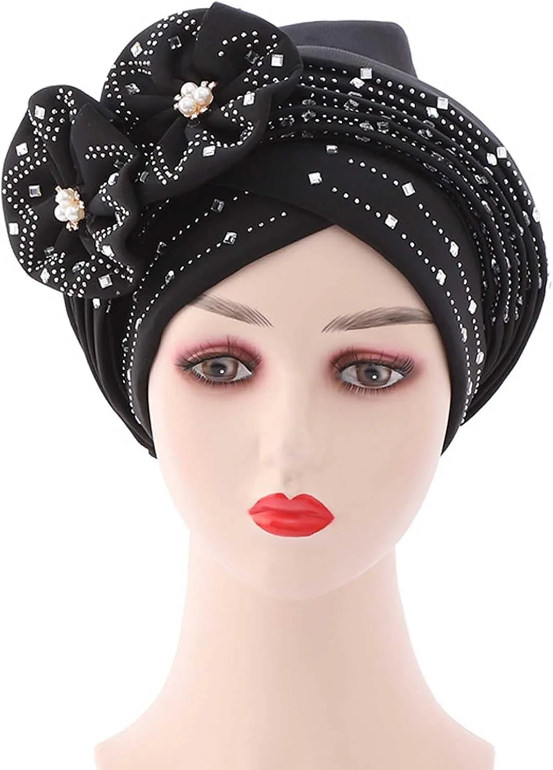 Women's Stretch Velvet Turban Hat Cancer Chemo Beaded Flower Hair Wrap Cap Headwear s Christmas Thanksgiving