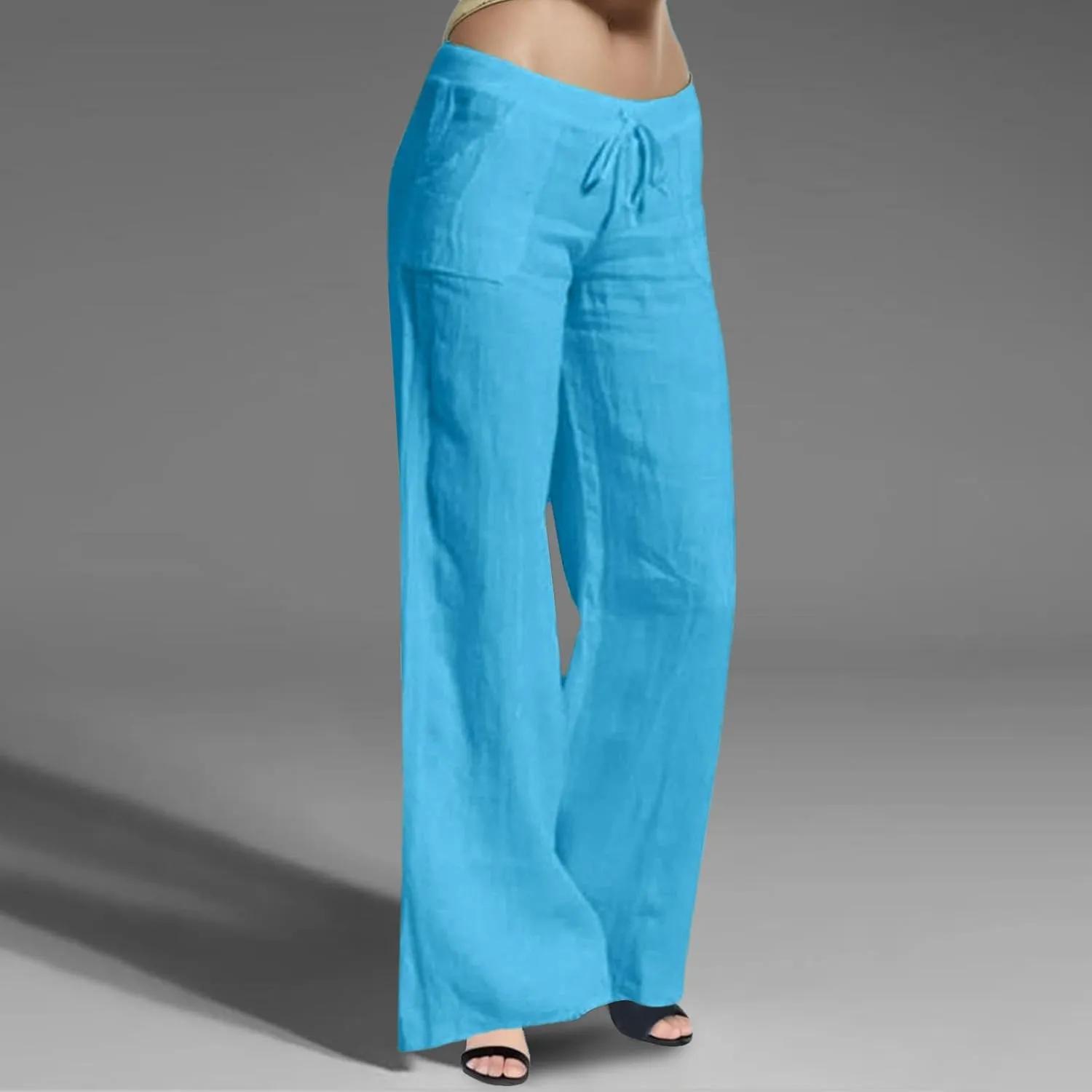 Women's Summer Casual Pants Loose Fit High Waist Drawstring Beach Pants Straight Leg Lightweight Pant with Pockets
