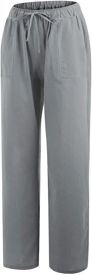 Women's Summer Casual Pants Loose Fit High Waist Drawstring Beach Pants Straight Leg Lightweight Pant with Pockets