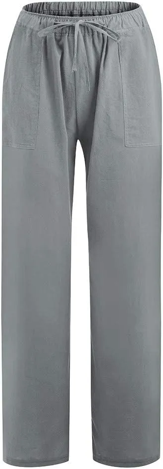 Women's Summer Casual Pants Loose Fit High Waist Drawstring Beach Pants Straight Leg Lightweight Pant with Pockets