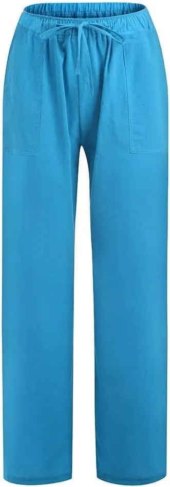 Women's Summer Casual Pants Loose Fit High Waist Drawstring Beach Pants Straight Leg Lightweight Pant with Pockets