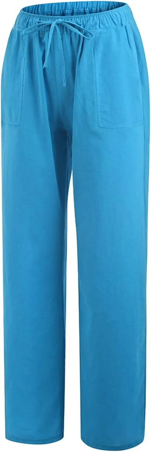 Women's Summer Casual Pants Loose Fit High Waist Drawstring Beach Pants Straight Leg Lightweight Pant with Pockets