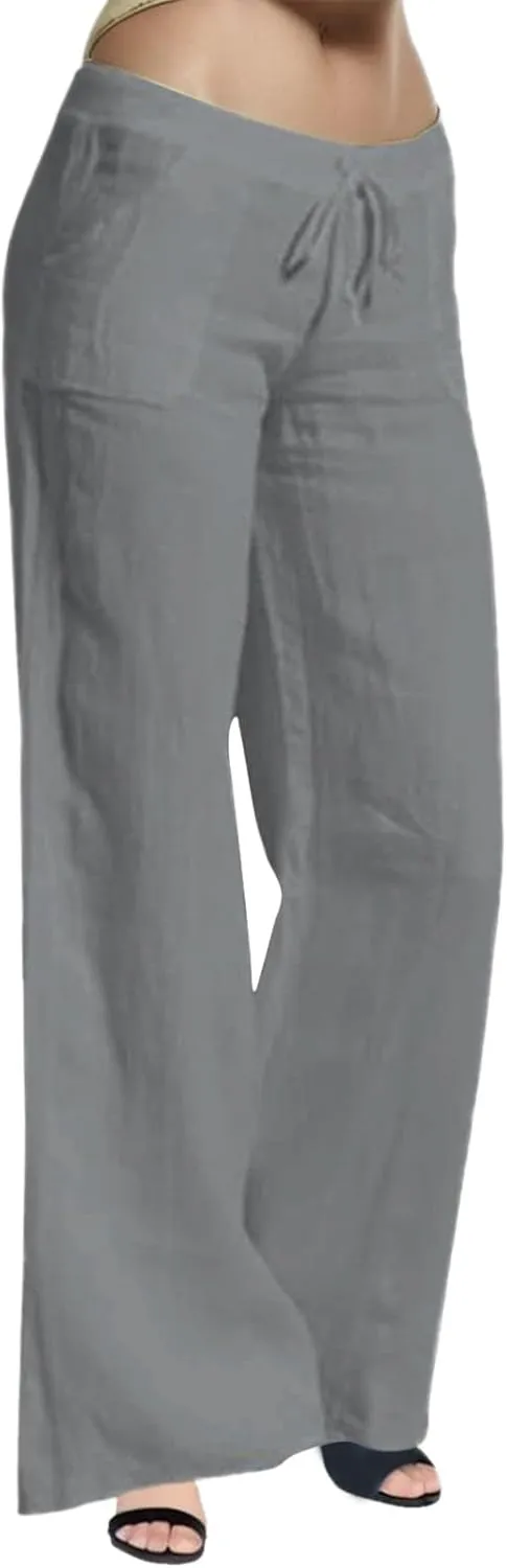 Women's Summer Casual Pants Loose Fit High Waist Drawstring Beach Pants Straight Leg Lightweight Pant with Pockets